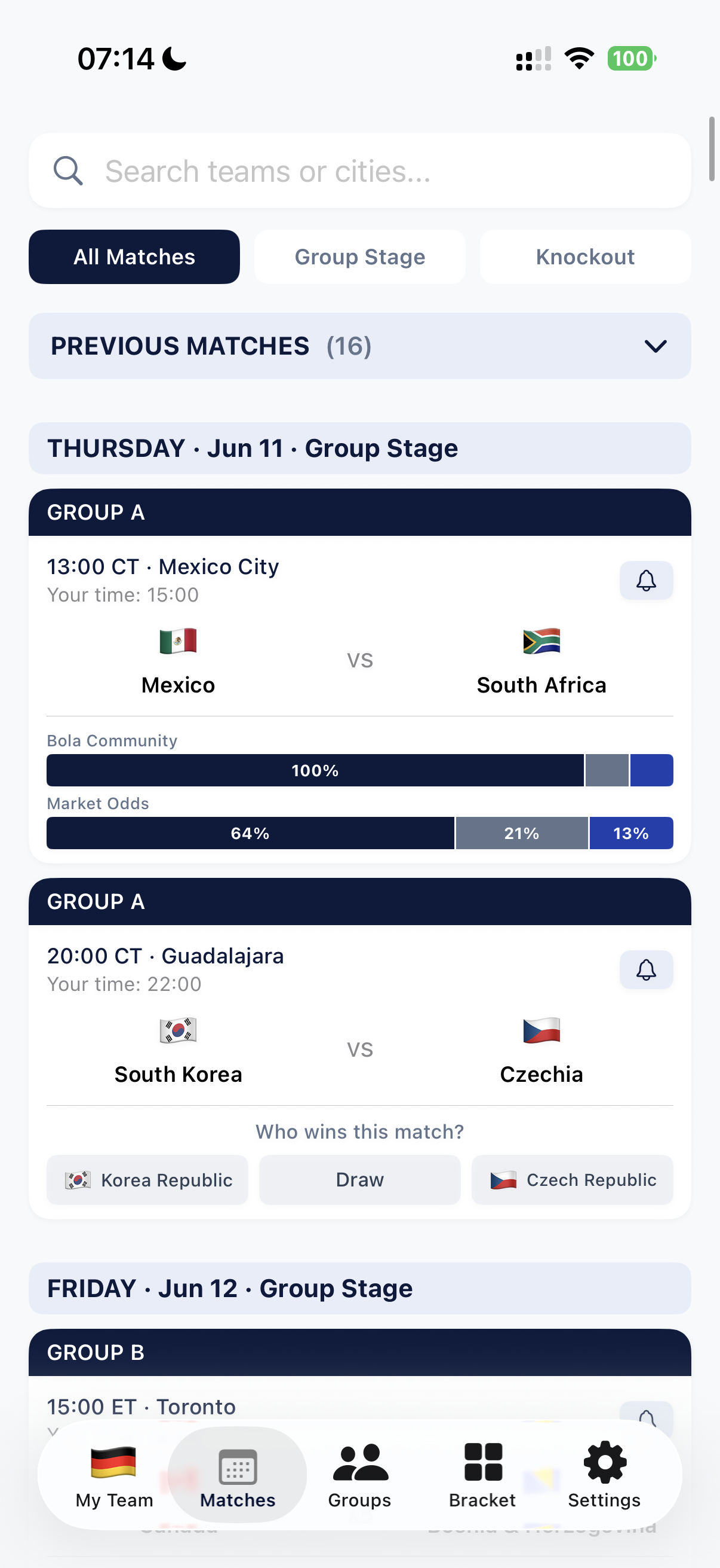 Match schedule with live scores and votes