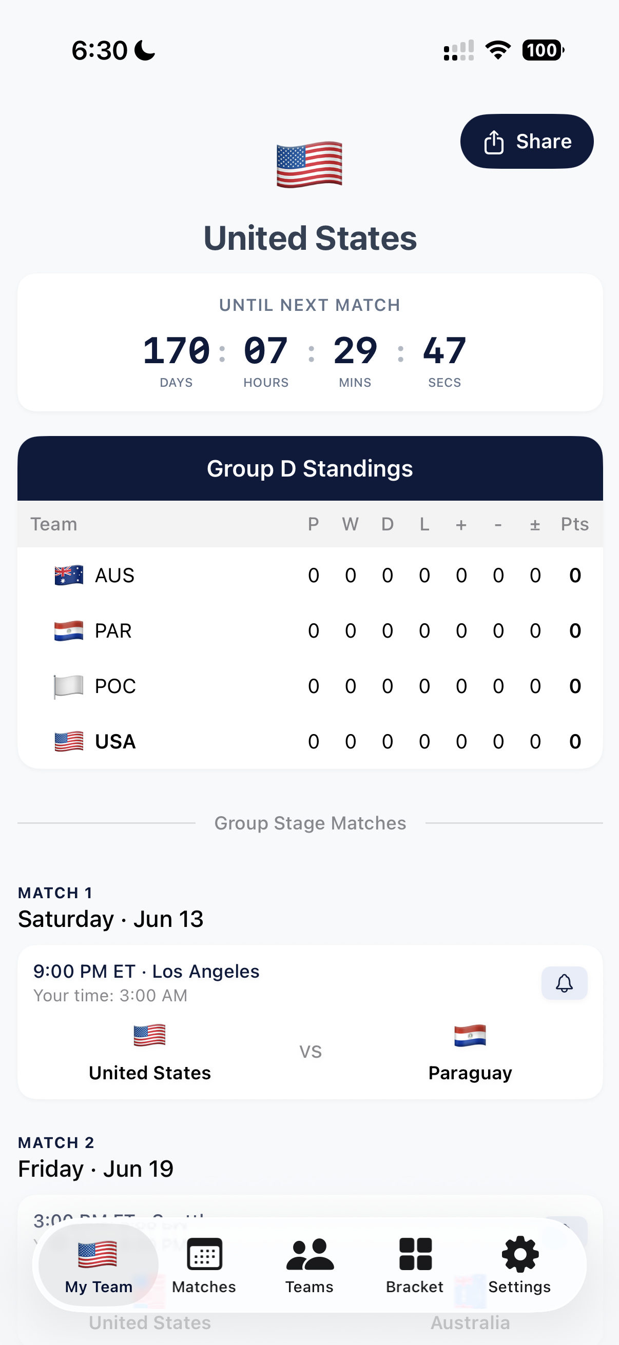 Home screen showing upcoming matches