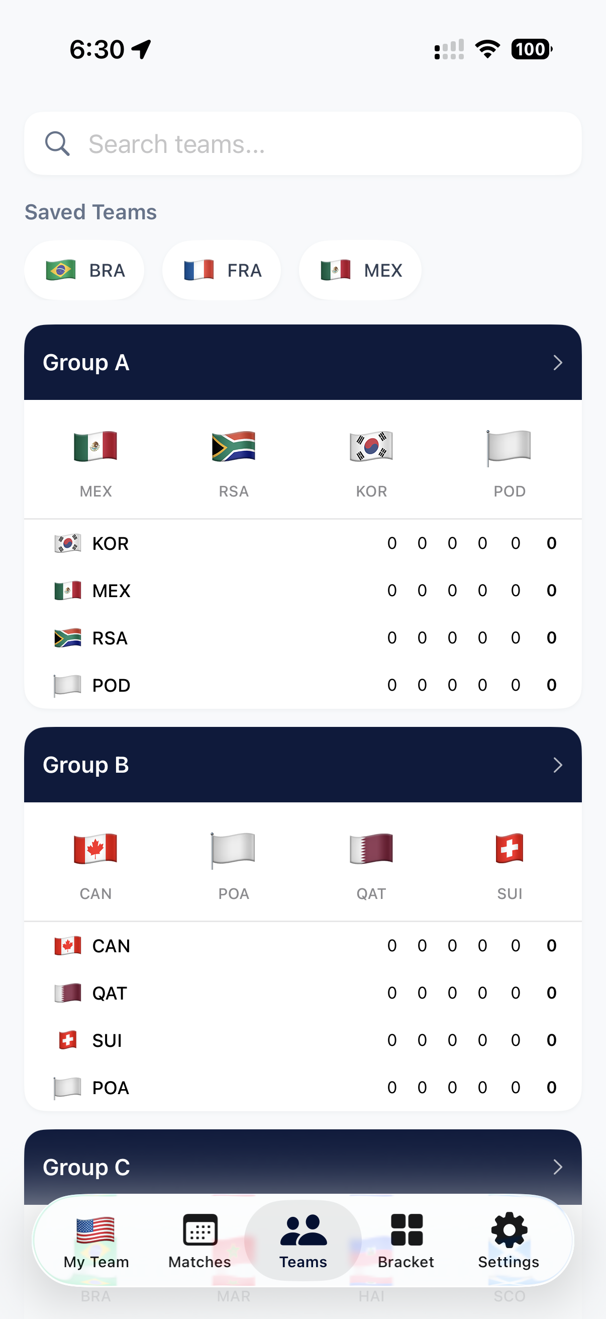 Team groups and standings